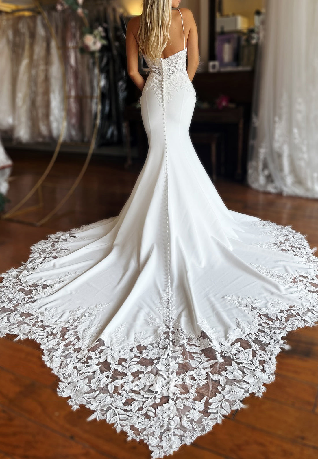 Elegant Spaghetti Strap Mermaid Wedding Dress with Lace Bodice and Train