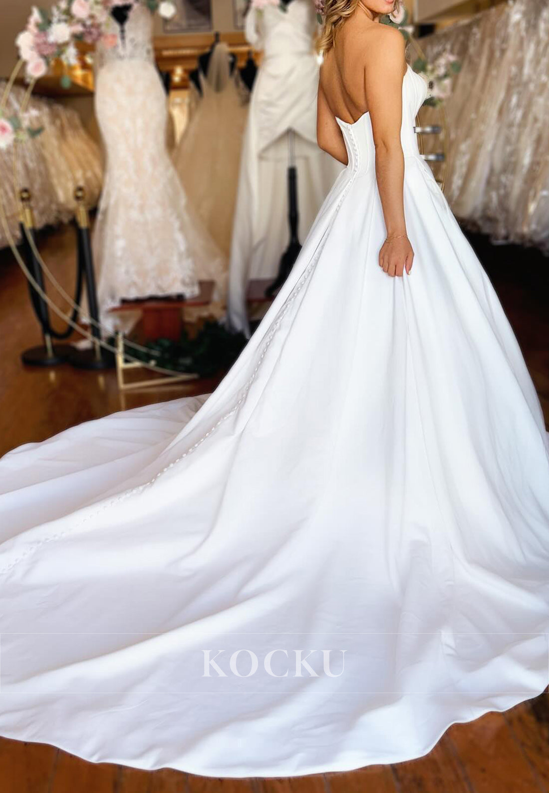 Sweetheart Ball Gown Wedding Dress with Satin Fabric and Button Train