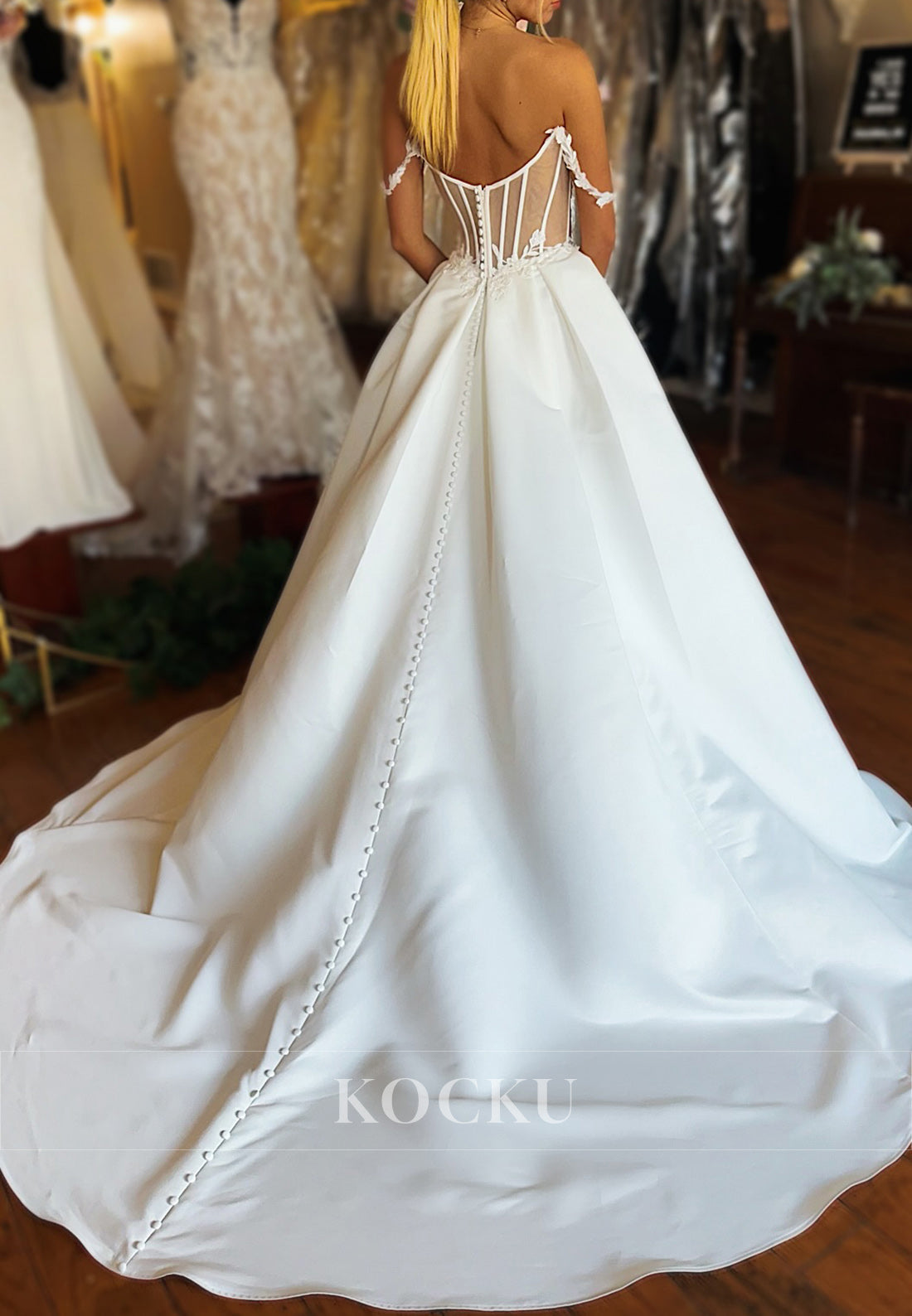 Romantic Off - Shoulder Ball Gown Wedding Dress with Lace Accents and Sheer Back