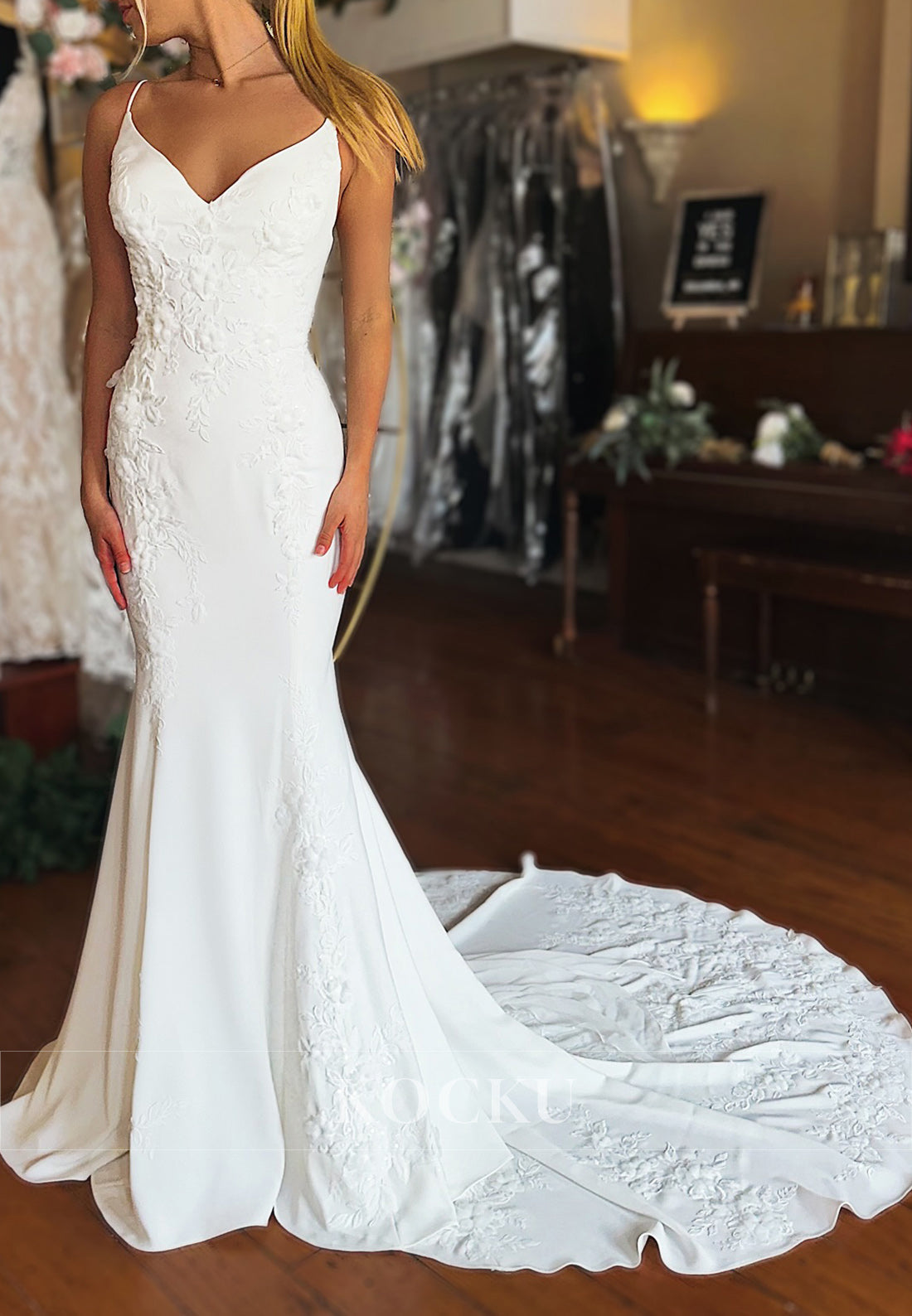 Elegant Spaghetti Strap Mermaid Wedding Dress with Lace, Open Back Bow & Train