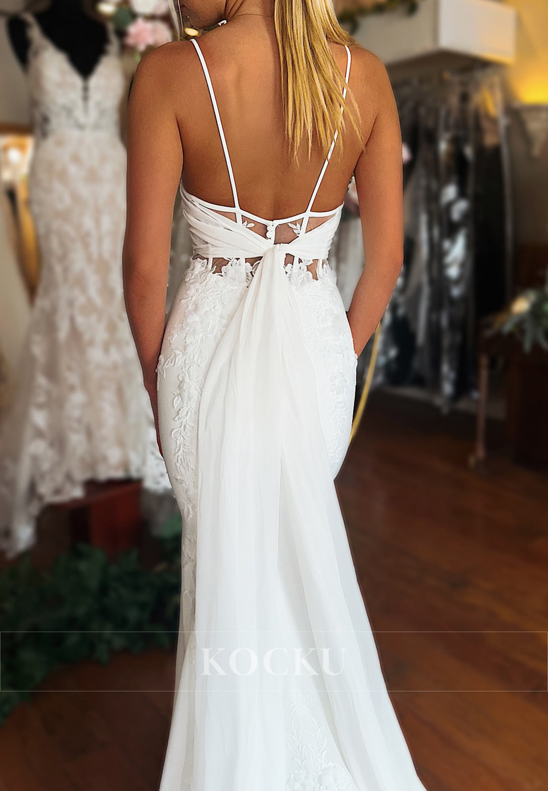 Elegant Spaghetti Strap Mermaid Wedding Dress with Lace, Open Back Bow & Train