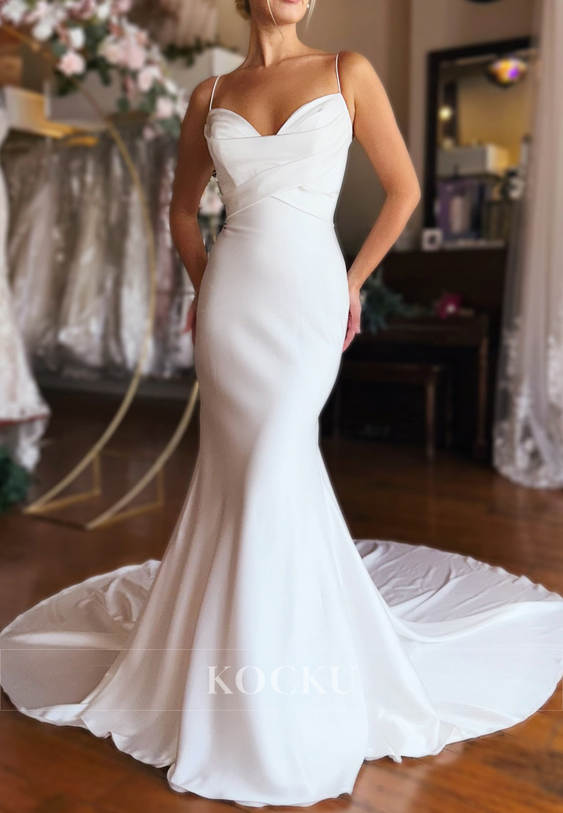 Spaghetti Strap Mermaid Wedding Dress with Open Back Bow and Train