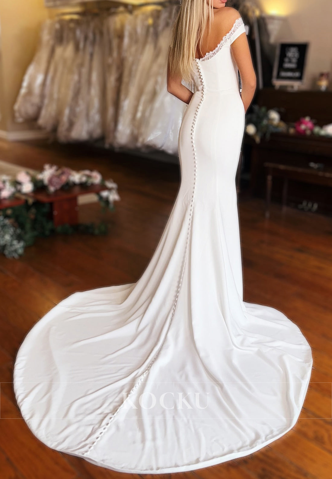 Romantic Off - Shoulder Mermaid Wedding Dress with Lace Trim and High Slit