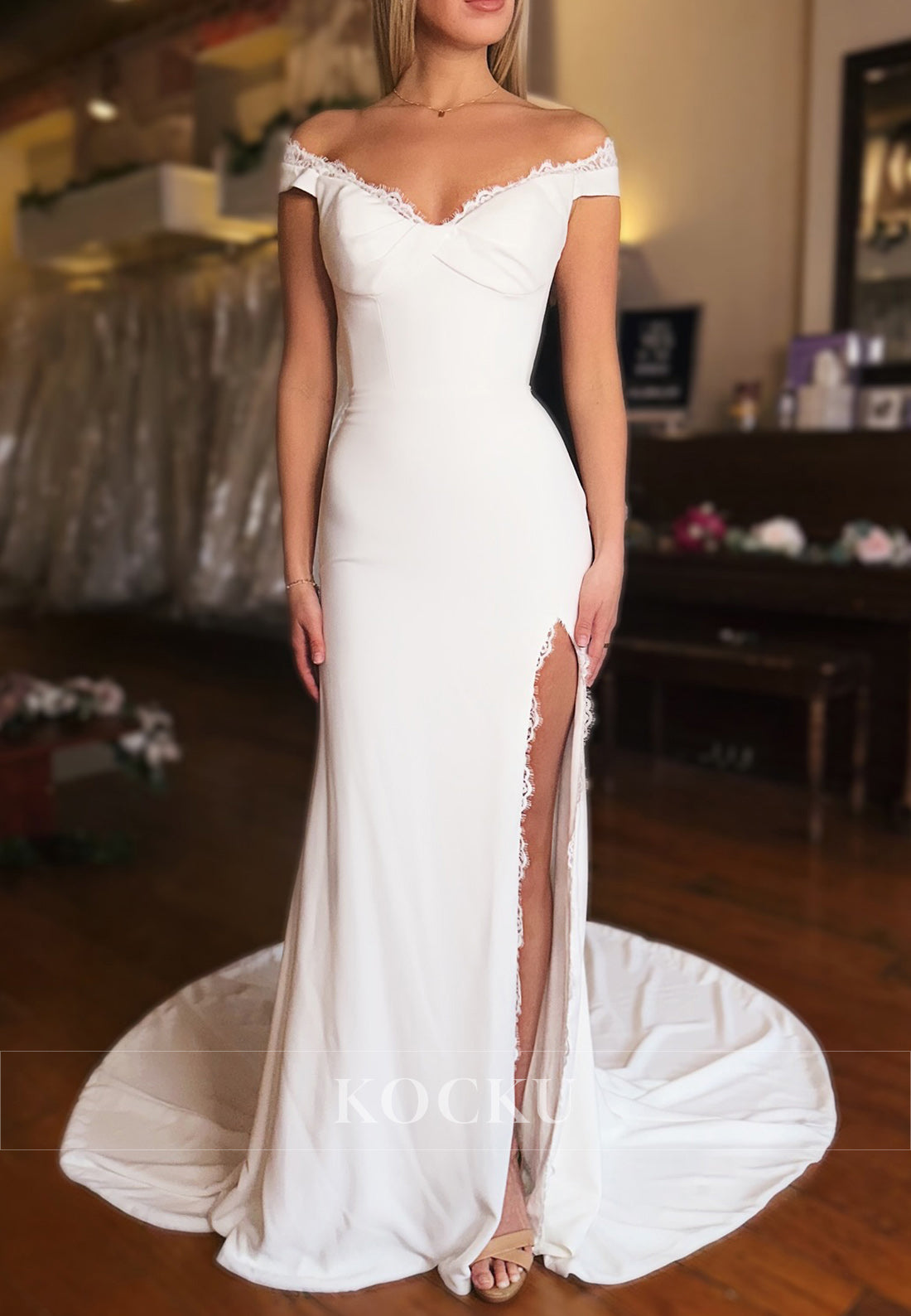 Romantic Off - Shoulder Mermaid Wedding Dress with Lace Trim and High Slit