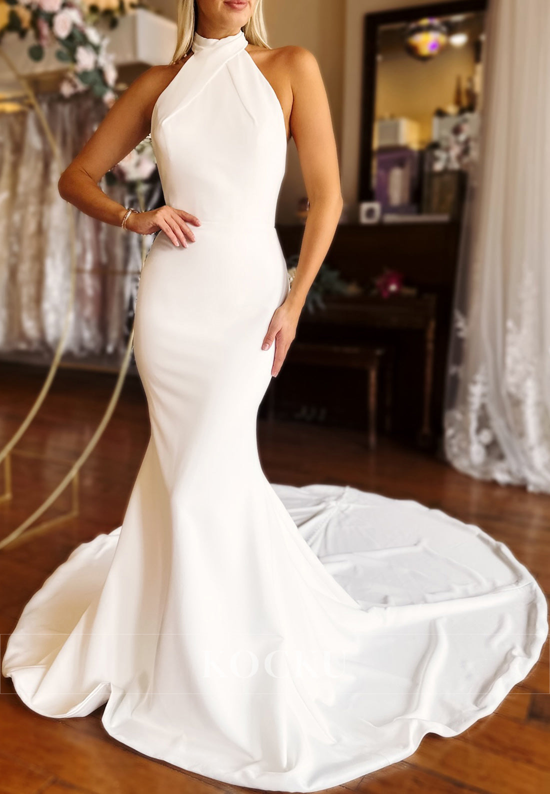 Halter Neck Mermaid Wedding Dress with Sheer Open Back and Button Train