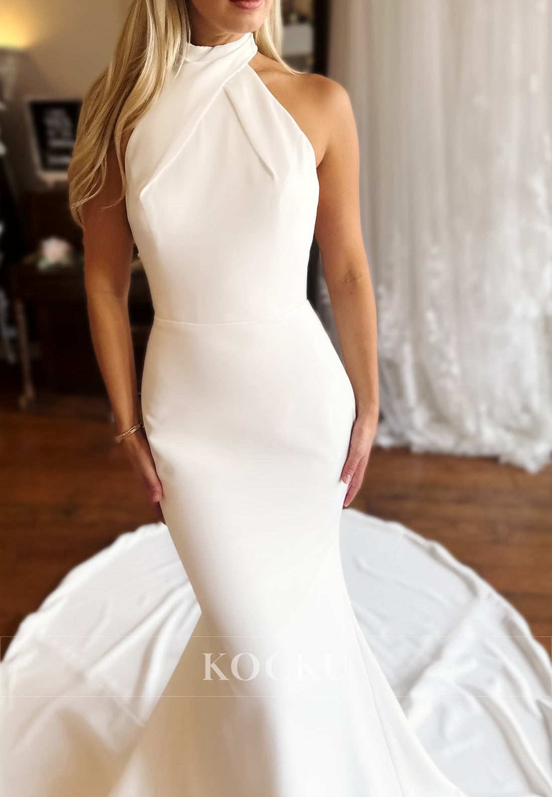 Halter Neck Mermaid Wedding Dress with Sheer Open Back and Button Train