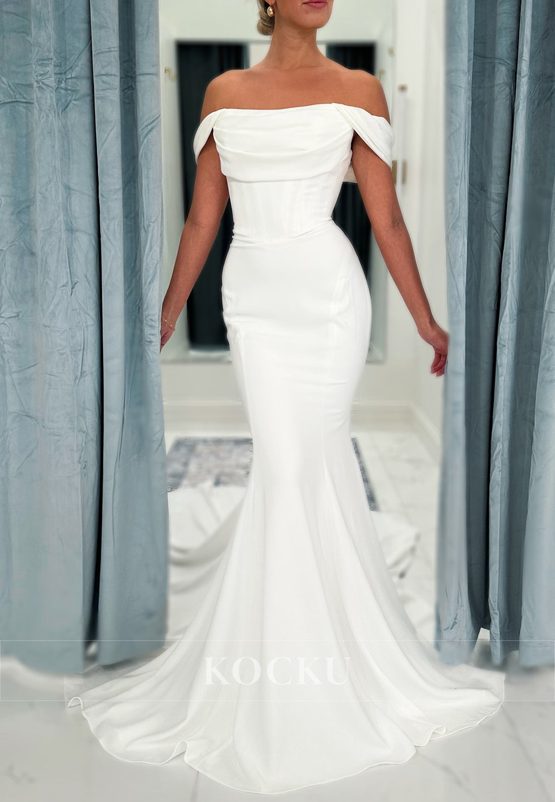 Off - Shoulder Mermaid Wedding Dress with Button Train and Back Cutout