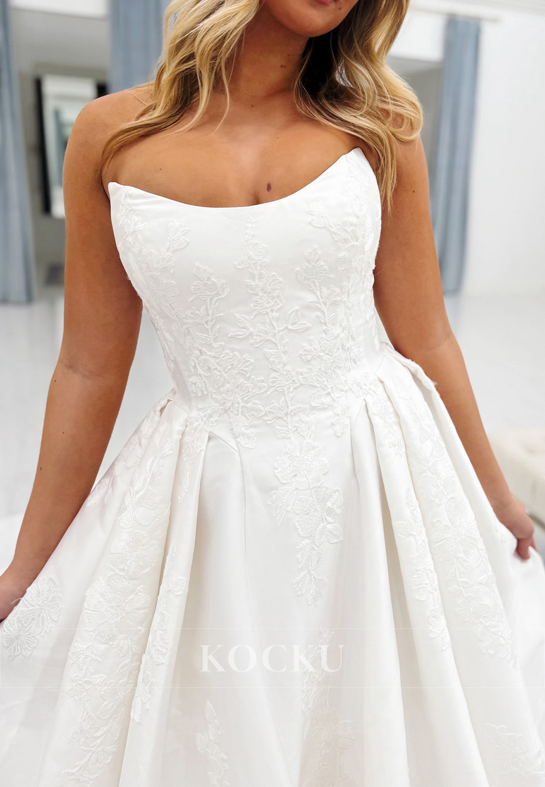 Strapless Ball Gown Wedding Dress with Embroidery and Satin Train