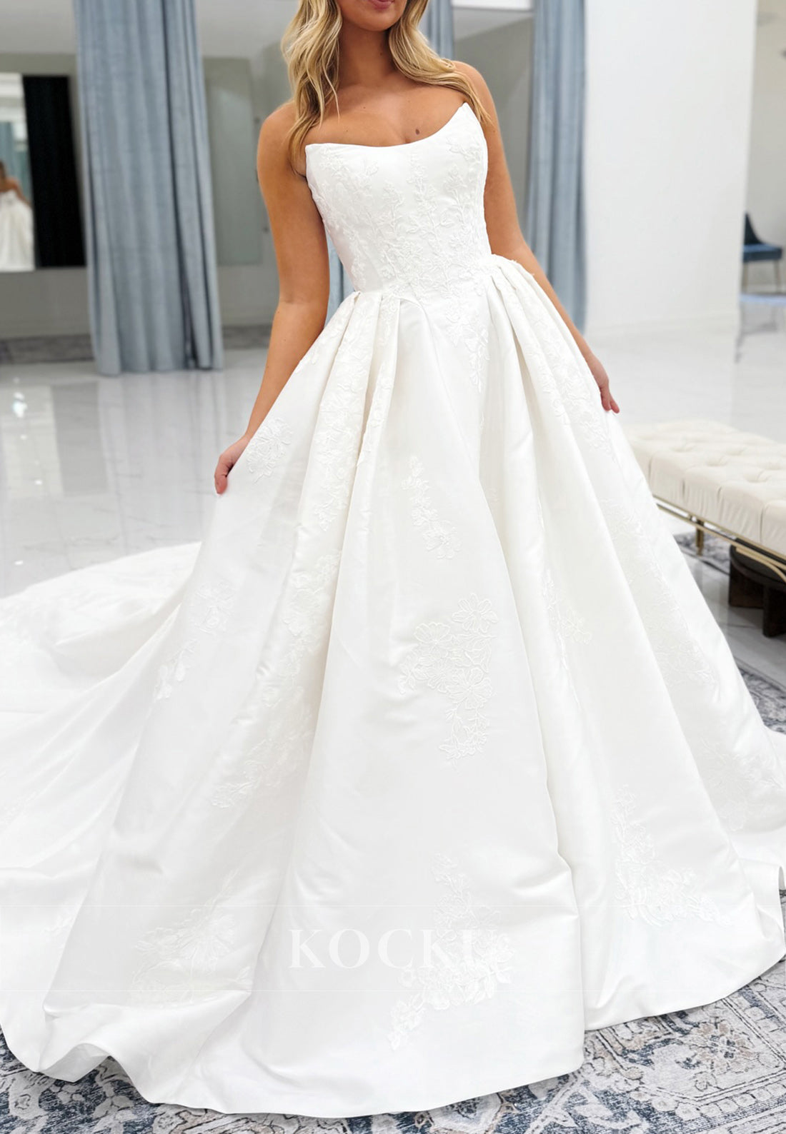 Strapless Ball Gown Wedding Dress with Embroidery and Satin Train