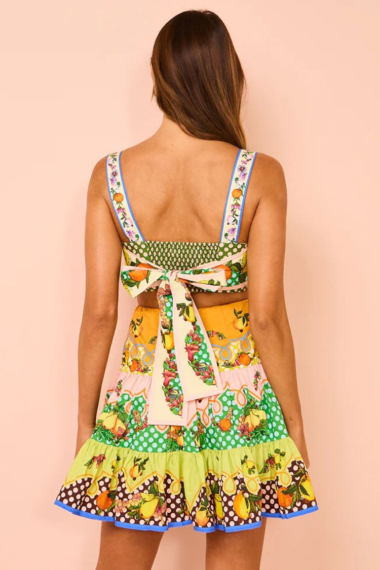 Breezy Fruit Print Square Neck Bow Tie Cutout Tiered Vacation Mini Sundress