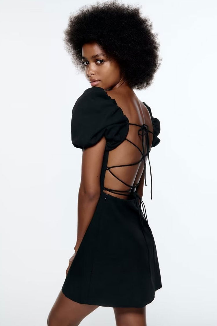 Breezy Ruched Square Neck Puff Sleeve Lace Up Back Party Mini Dress - Black  Fashionpara
