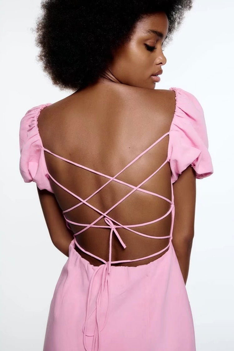 Breezy Ruched Square Neck Puff Sleeve Lace Up Back Party Mini Dress - Pink  Fashionpara