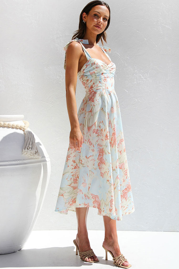 Breezy Tie Strap Fit & Flare Floral Printed Summer Midi Sundress - Apricot