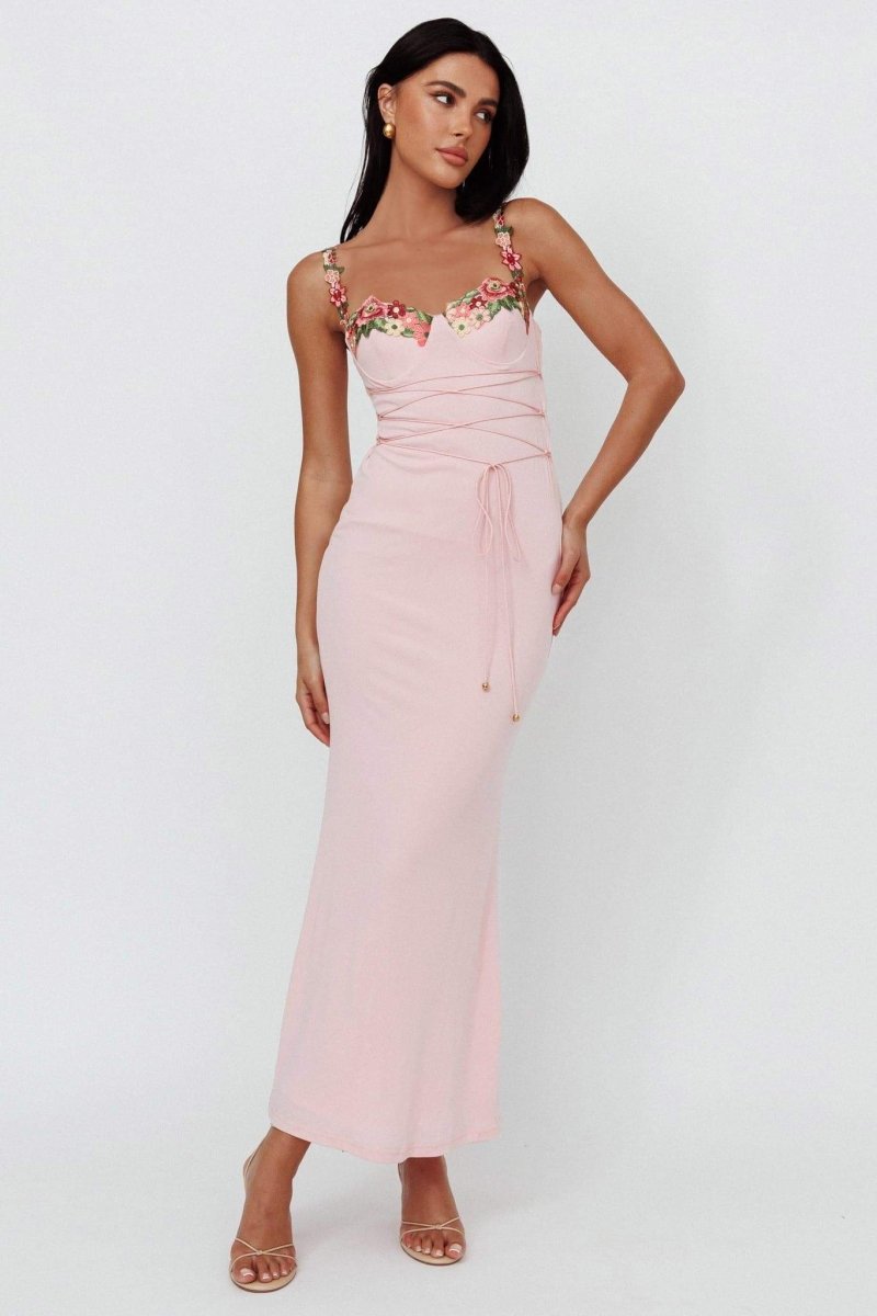 Floral Embroidery Sweetheart Lace Up Slip Maxi Dress
