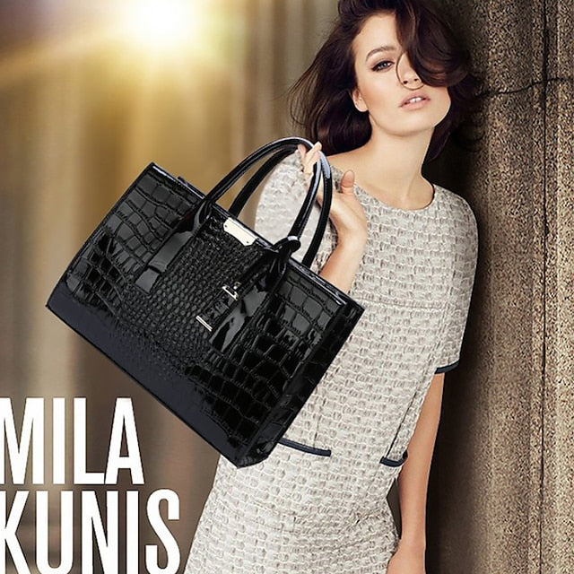 Black Crocodile Leather Pattern Handbag with Patent