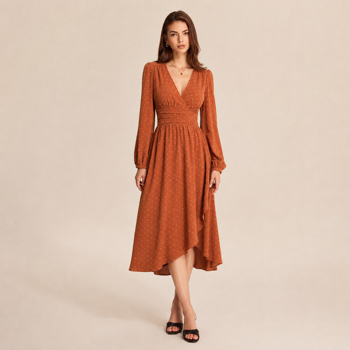 Polka Dot V-Neck Long Sleeve High Low Midi Dress 13