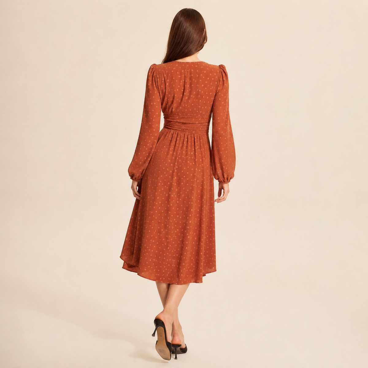 Polka Dot V-Neck Long Sleeve High Low Midi Dress 15
