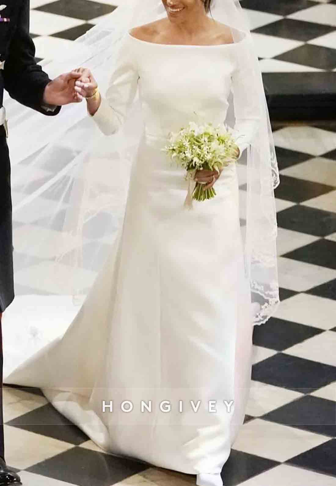 Chapel Train Bateau Neck Satin Long Sleeve Pleated Wedding Dresses