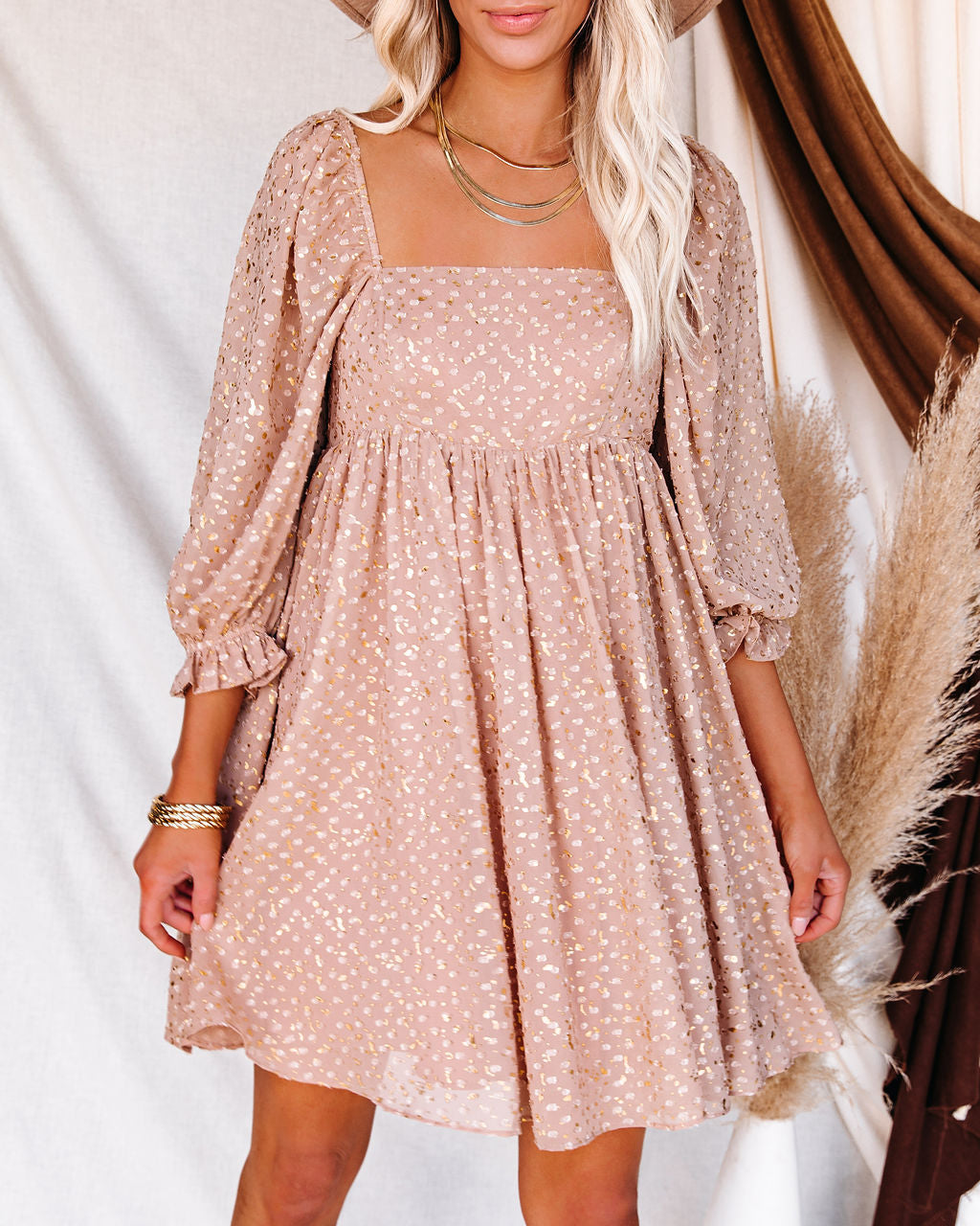 Metallic Square Neck Puff Sleeve Babydoll Mini Dress