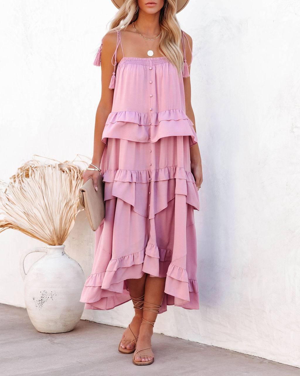 Brisbane Tiered Tassel Midi Dress - Mauve