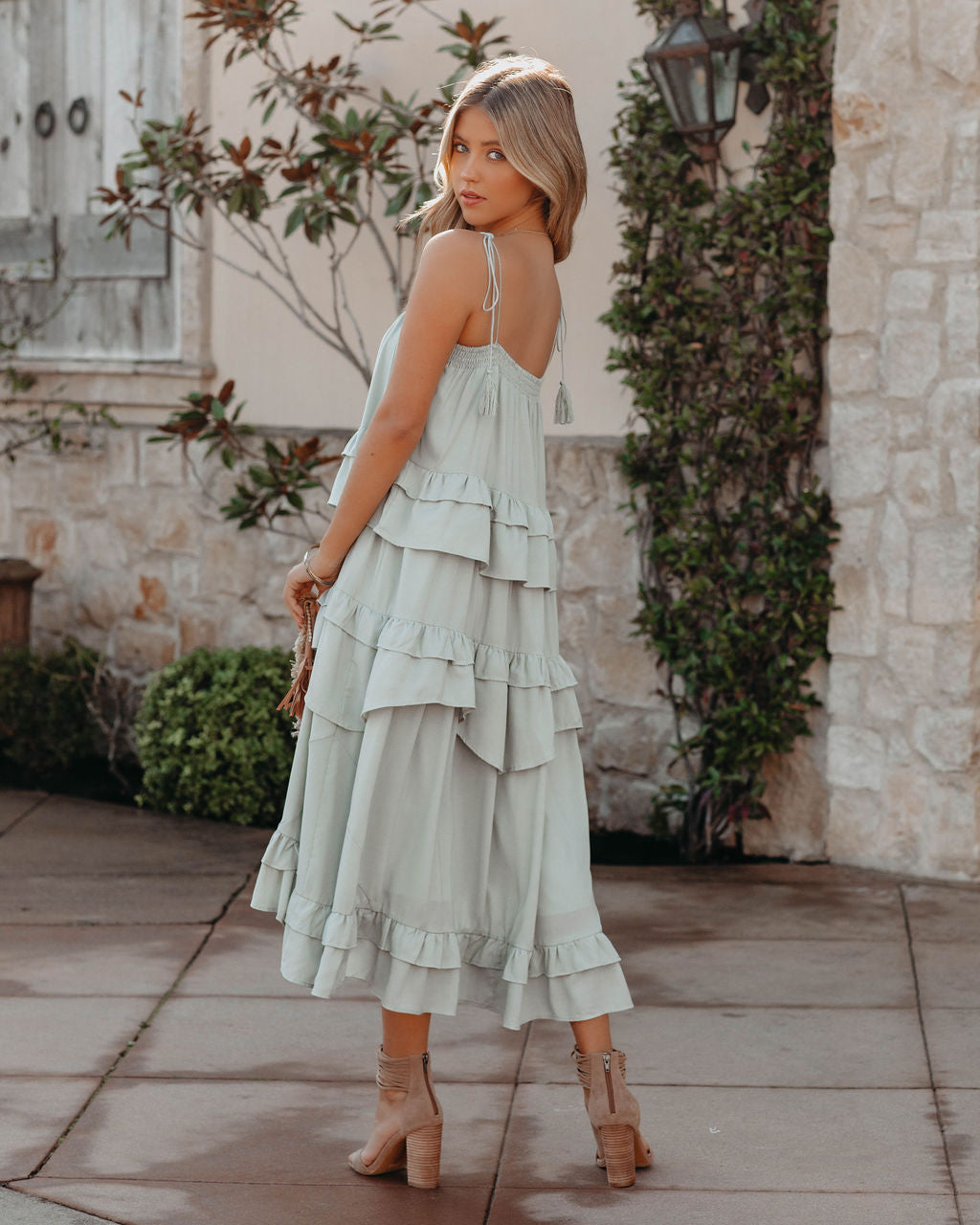 Spaghetti Strap Button-Front Tiered Ruffle Midi Dress