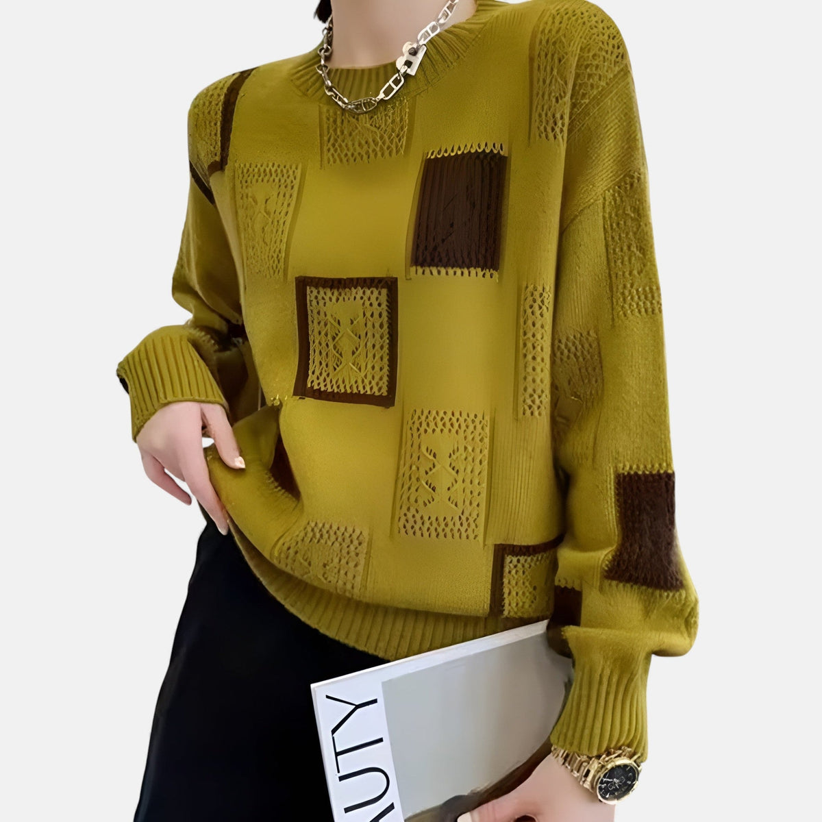 Crew Neck Long Sleeve Patchwork Pointelle Knit Sweater 3