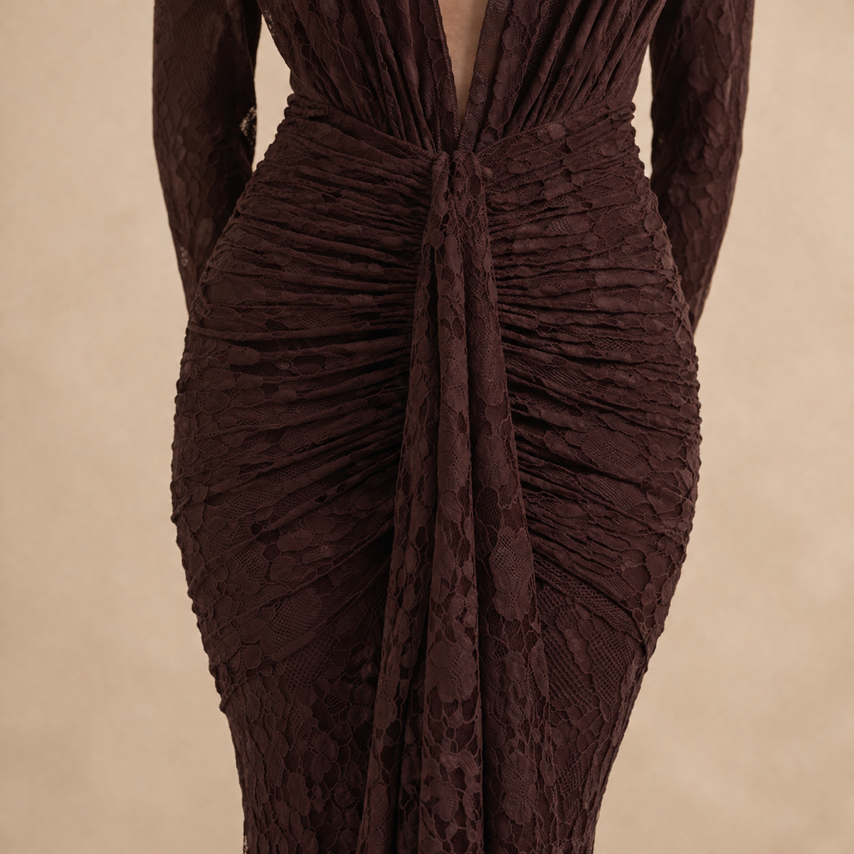 Plunge Halter Backless Ruched Lace Fishtail Maxi Gown 8