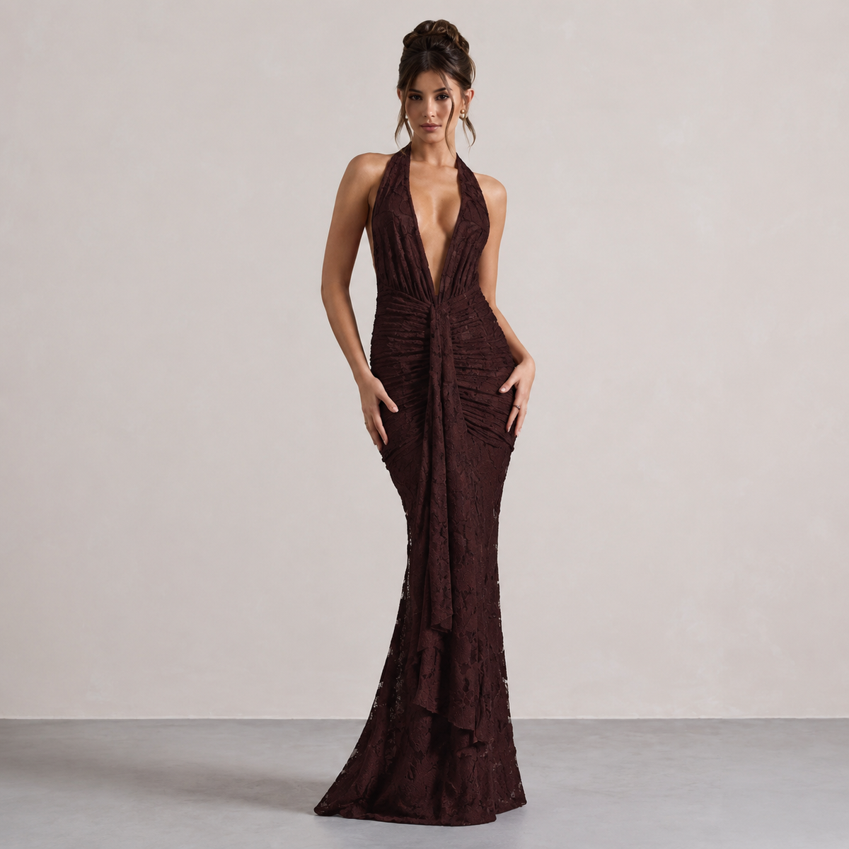 Plunge Halter Backless Ruched Lace Fishtail Maxi Gown 7