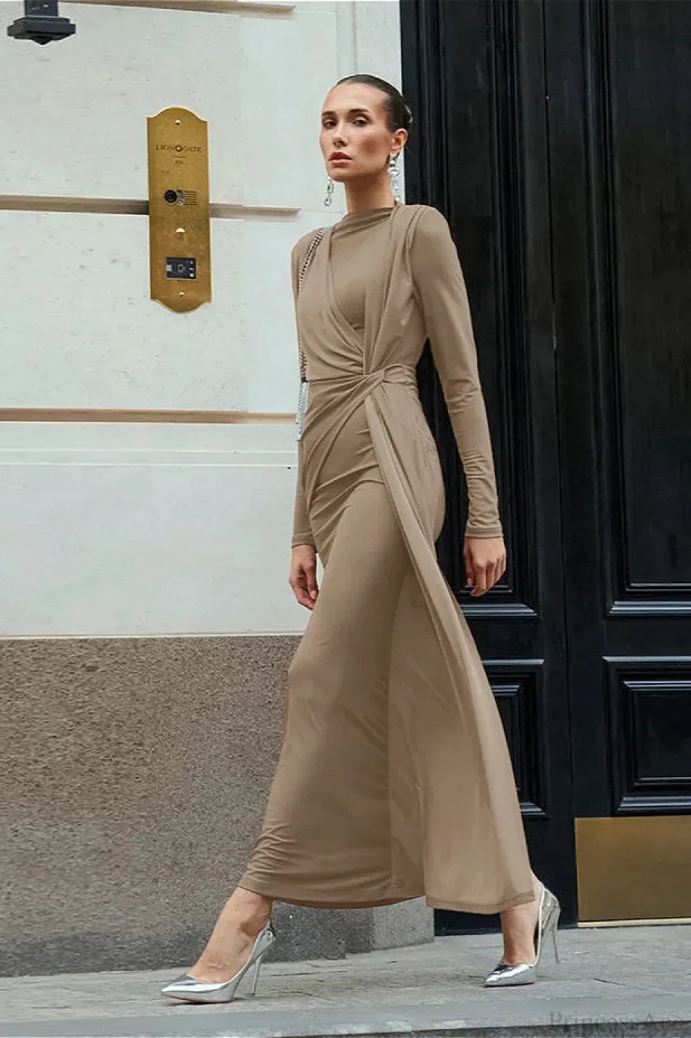 High Neck Long Sleeve Draped Bodycon Maxi Dress