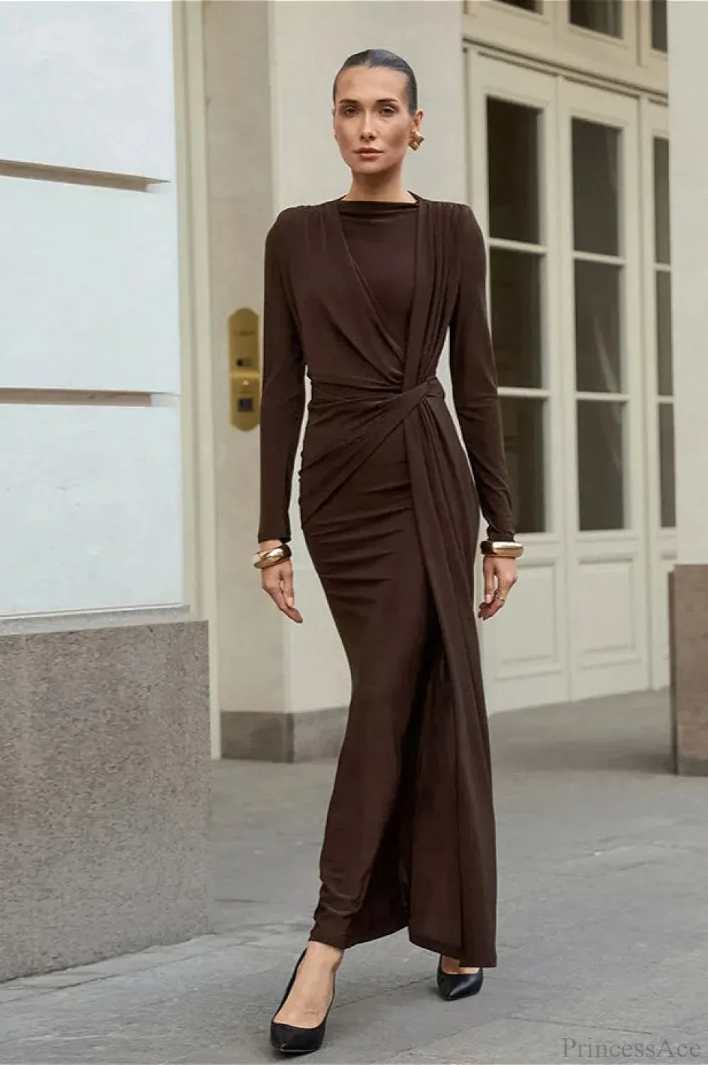 High Neck Long Sleeve Draped Bodycon Maxi Dress