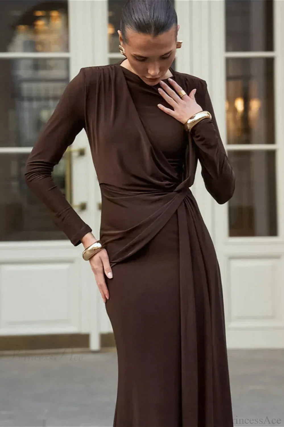 High Neck Long Sleeve Draped Bodycon Maxi Dress