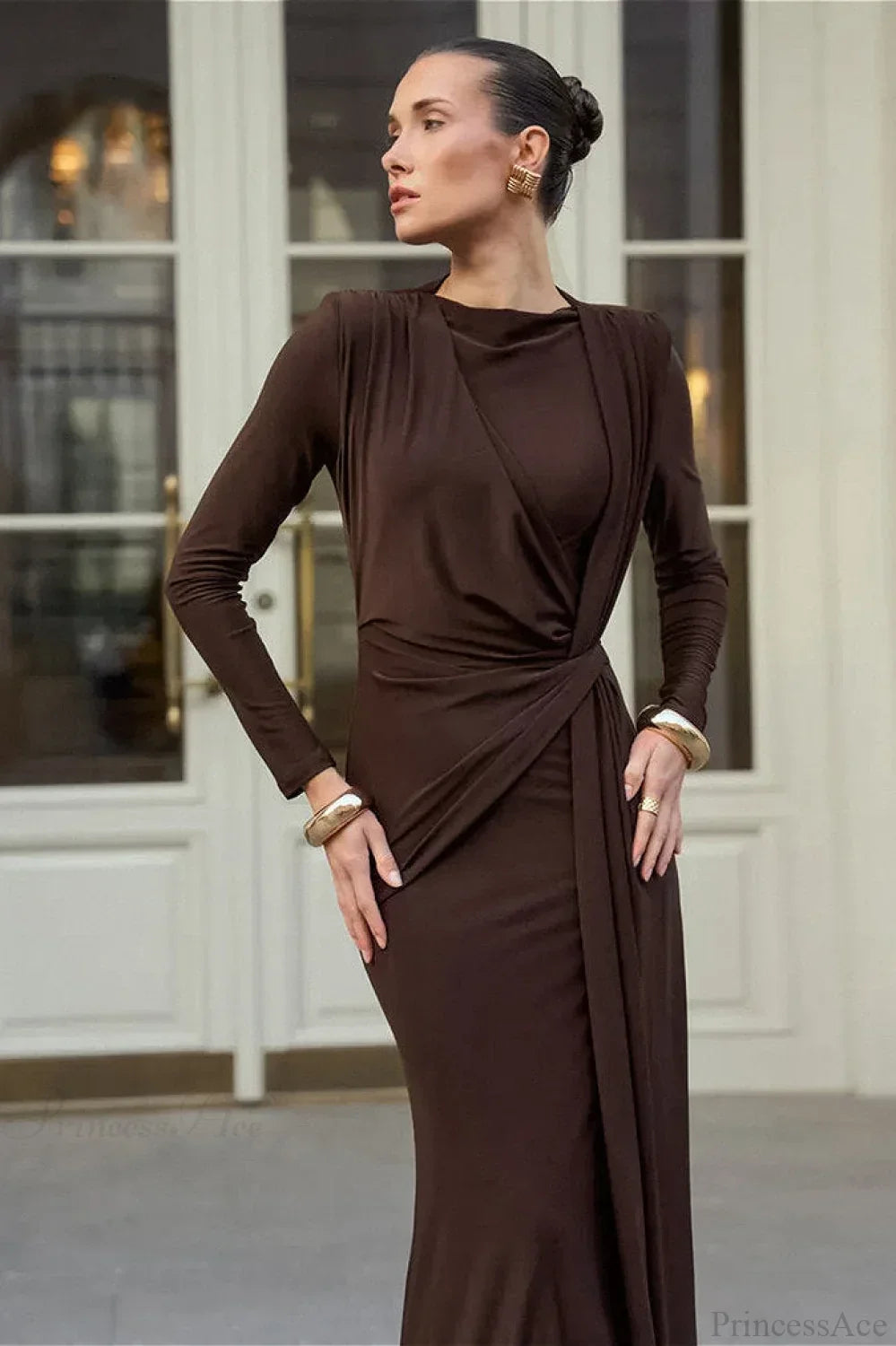 High Neck Long Sleeve Draped Bodycon Maxi Dress