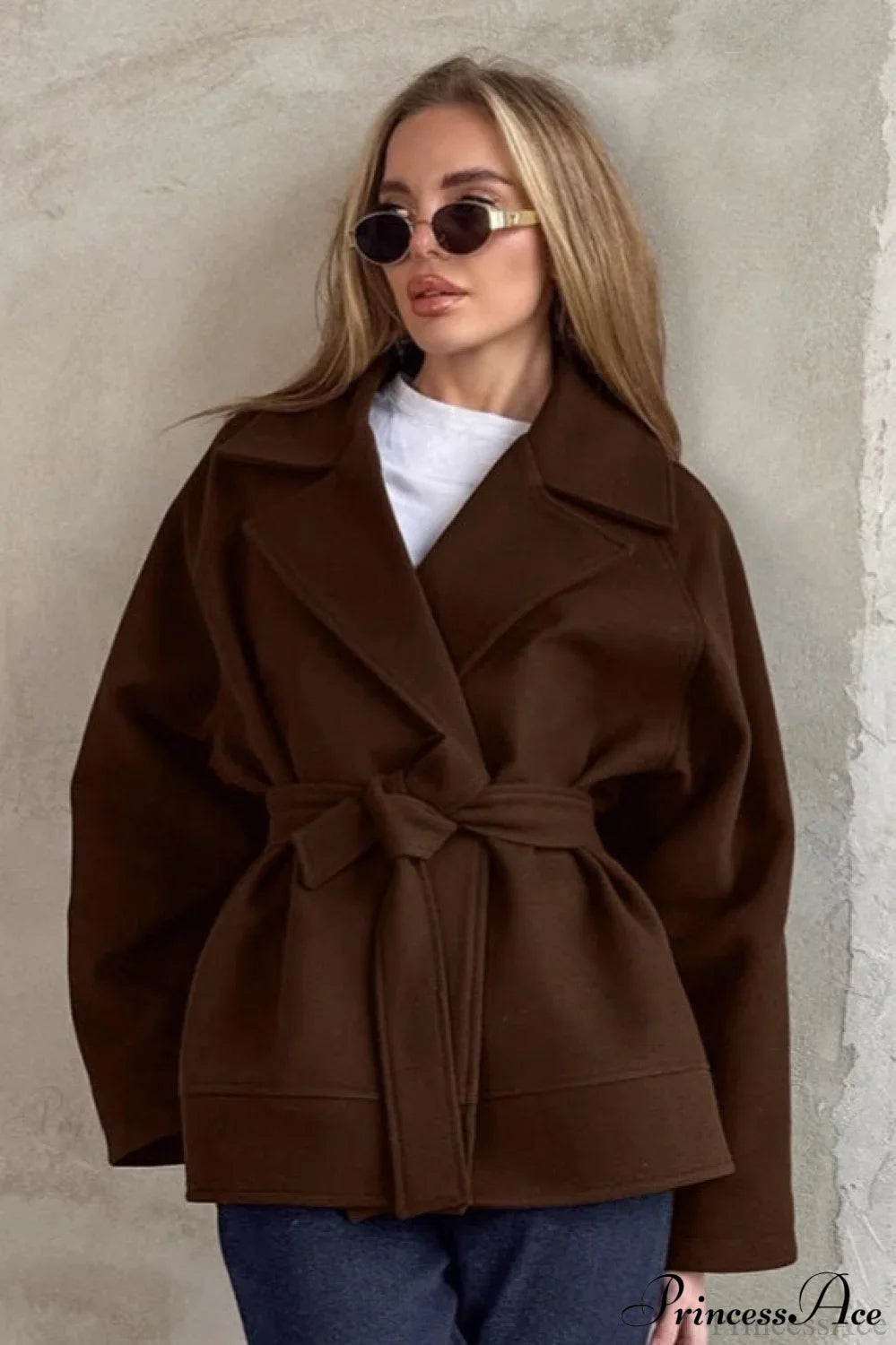 Elegant Brown Tie-Waist Wool Blend Mid-Length Coat for Women