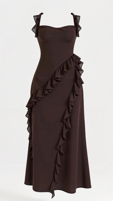Square Neck Ruffle Strap Asymmetrical Ruffle Hem Midi Dress - View 10