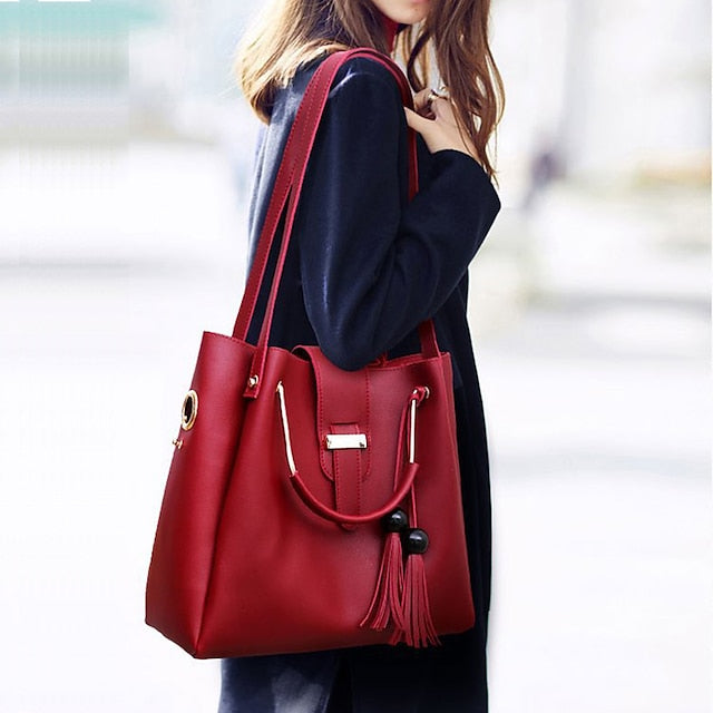 Leather Set Tote 3-Piece Pink Faux - Handbag