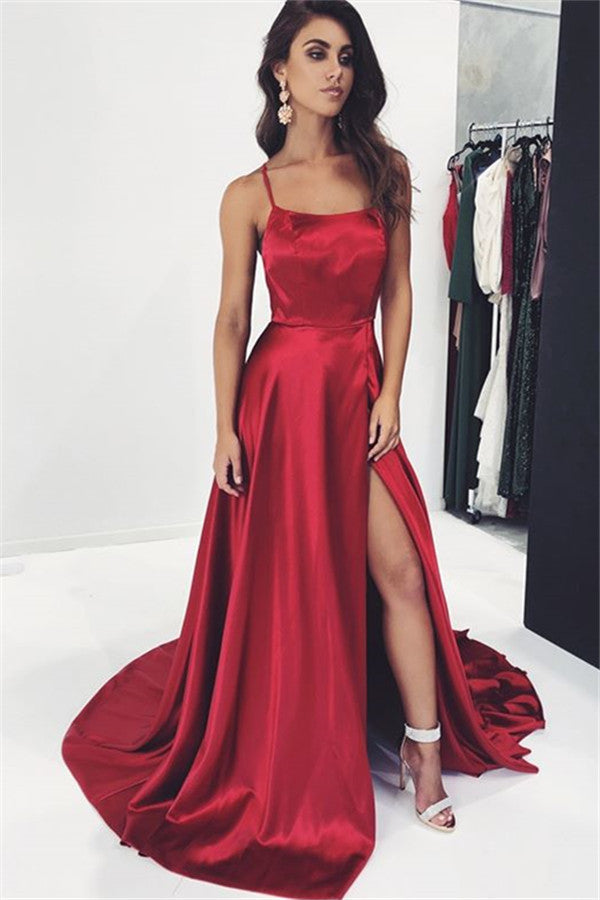 Bugurndy Spaghetti-Straps Mermaid Prom Dress With Slit Long Party Gowns - Fashionpara
