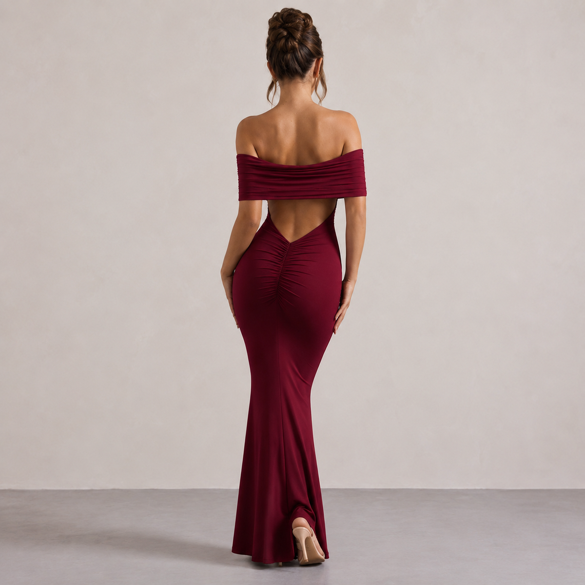 Off Shoulder Pleated Bardot Fishtail Maxi Dress 9
