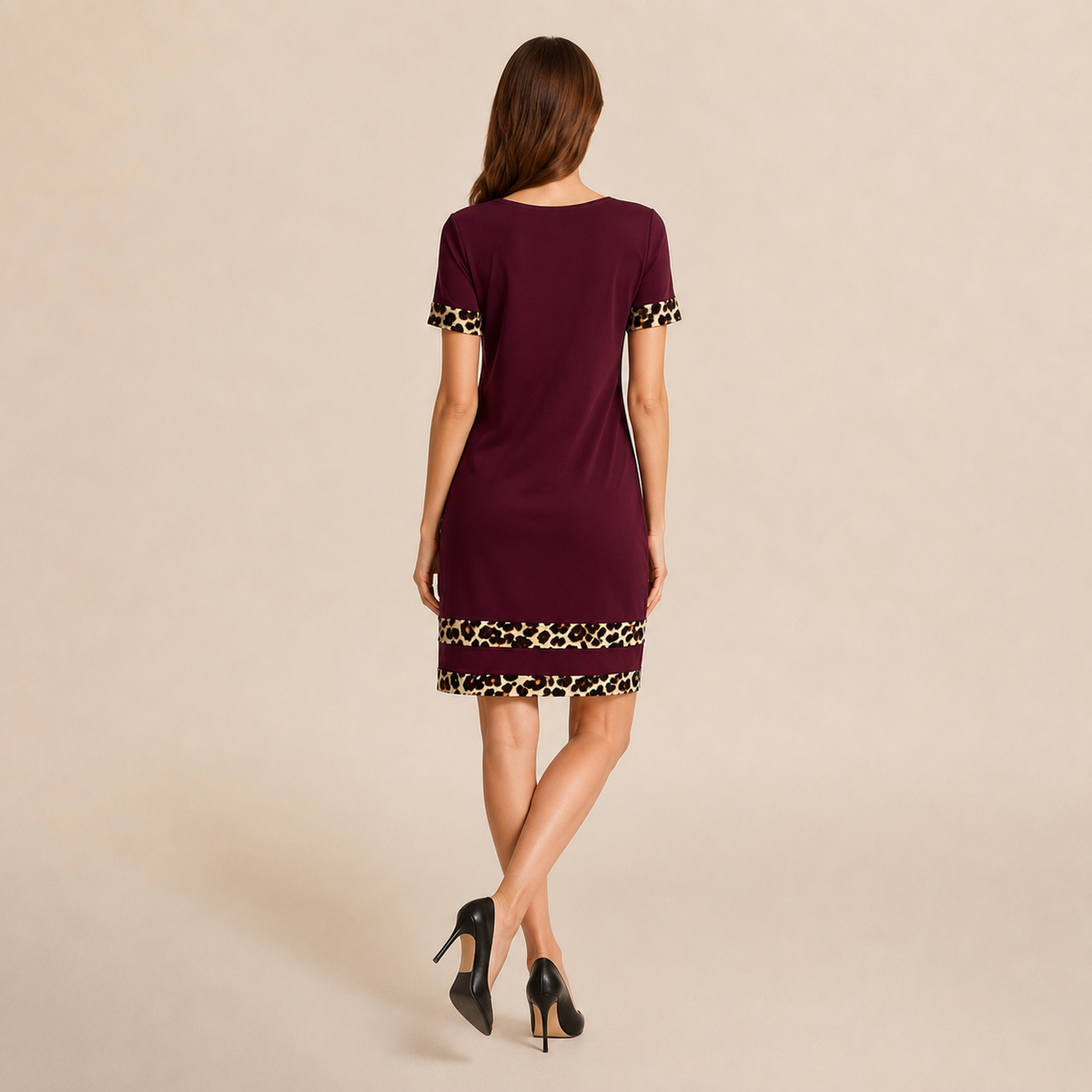 Crew Neck Short Sleeve Leopard Trim Shift Dress 9