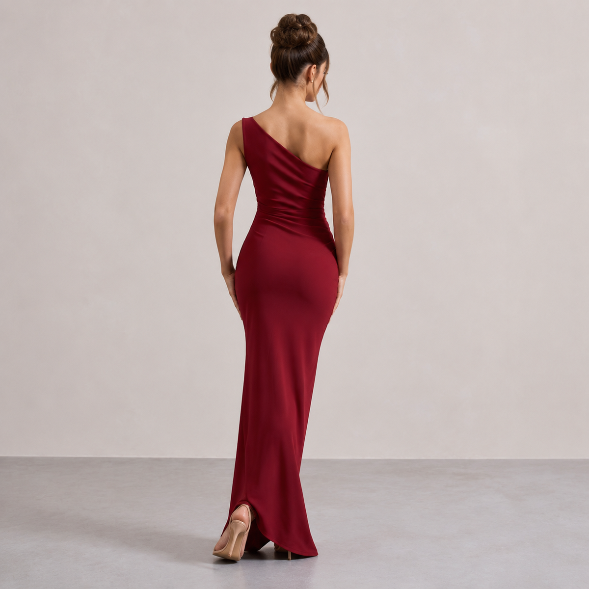 One Shoulder Ruched High Split Bodycon Midi Dress 12