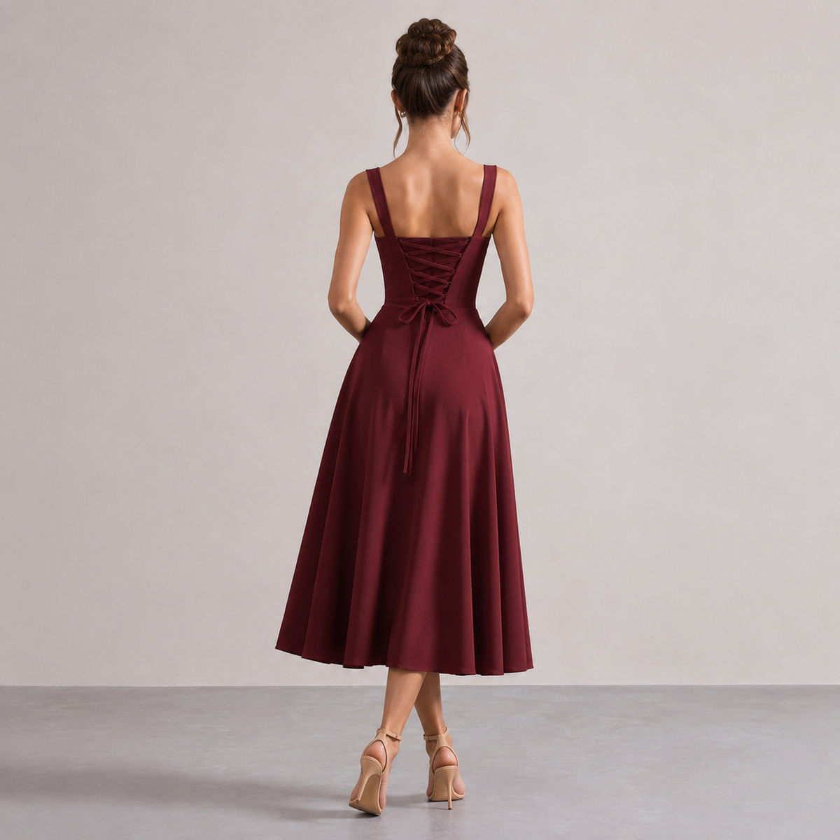 Square Neck Tie Front Corset Fit and Flare Midi Dress 12