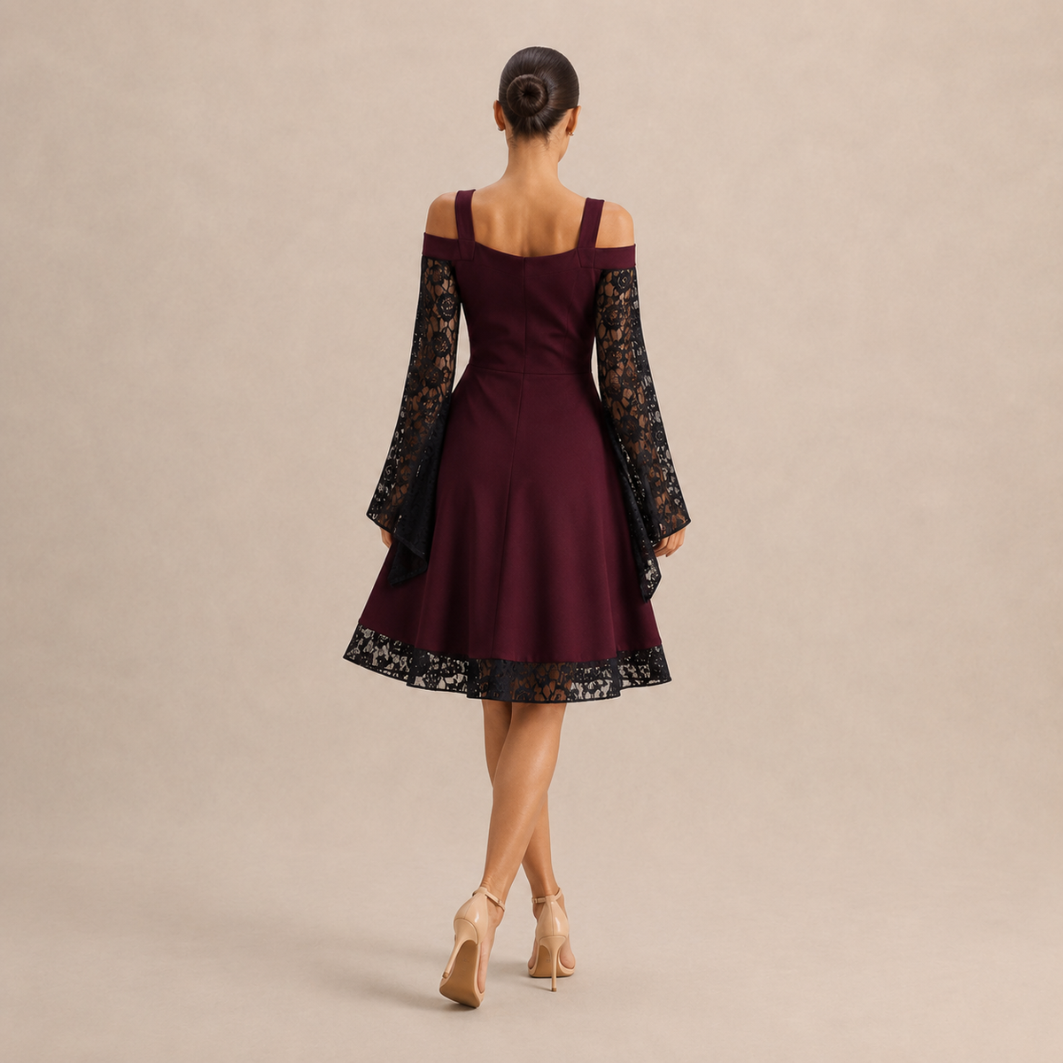 Cold Shoulder Lace Bell Sleeve Lace Up Fit and Flare Dress 6