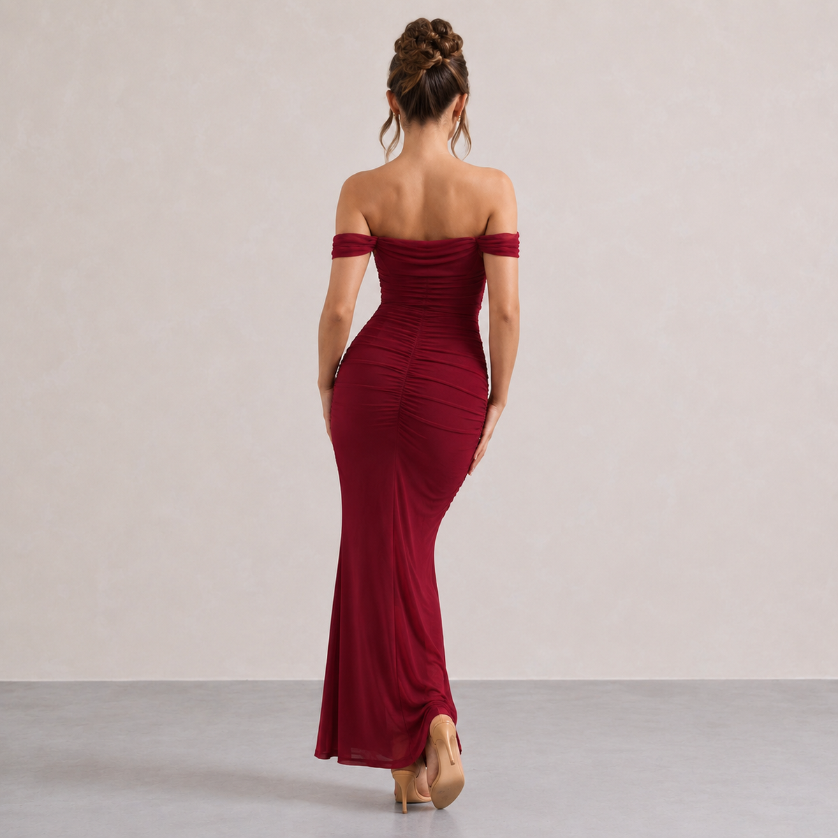Off Shoulder Ruched Fishtail Maxi Gown 12