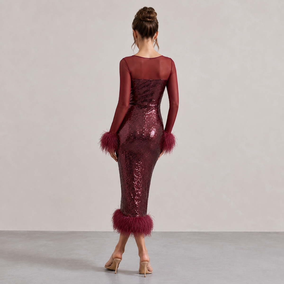 Sequin Sheer Yoke Long Sleeve Feather Trim Midi Dress 6