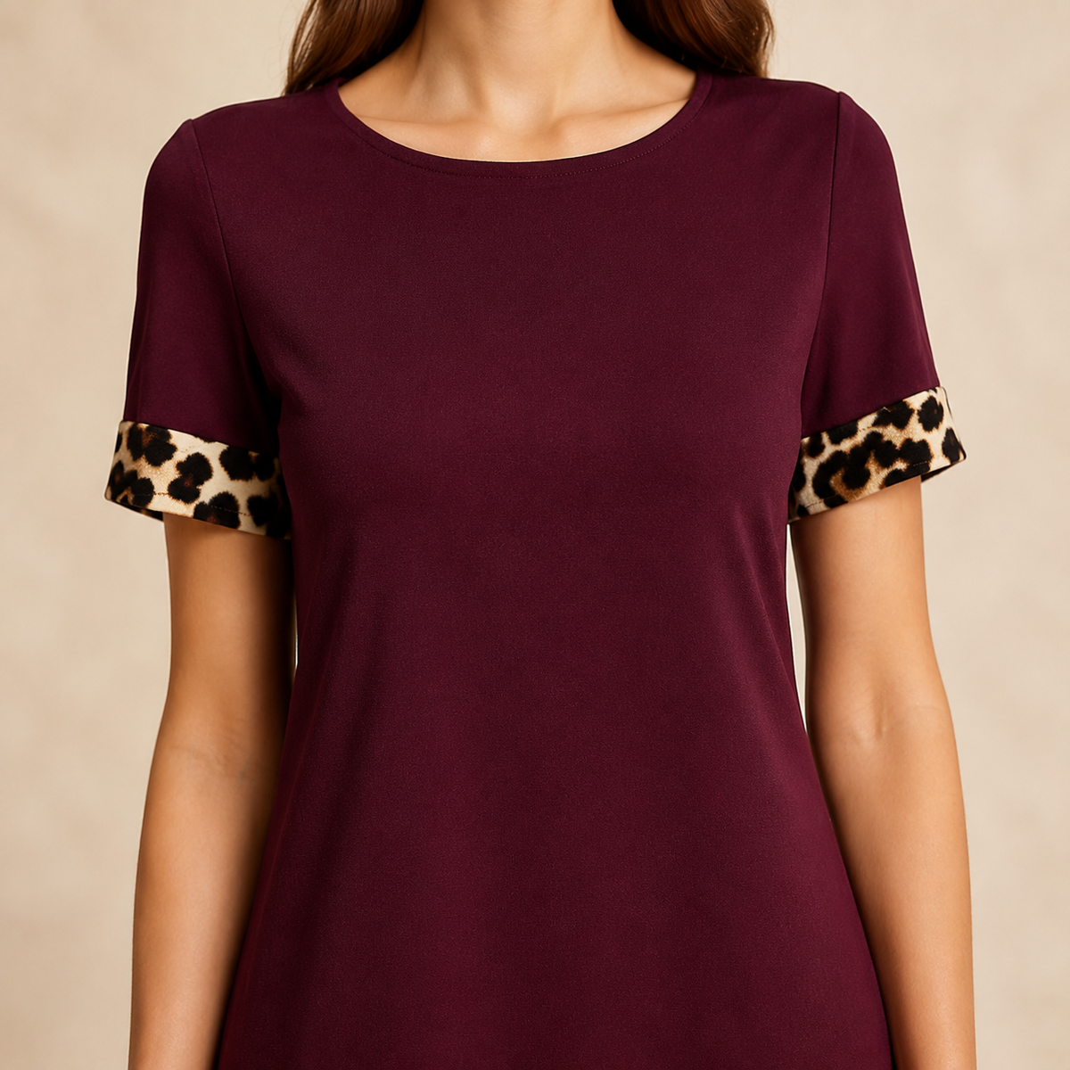 Crew Neck Short Sleeve Leopard Trim Shift Dress 8