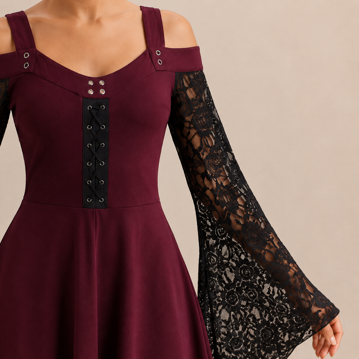 Cold Shoulder Lace Bell Sleeve Lace Up Fit and Flare Dress 5