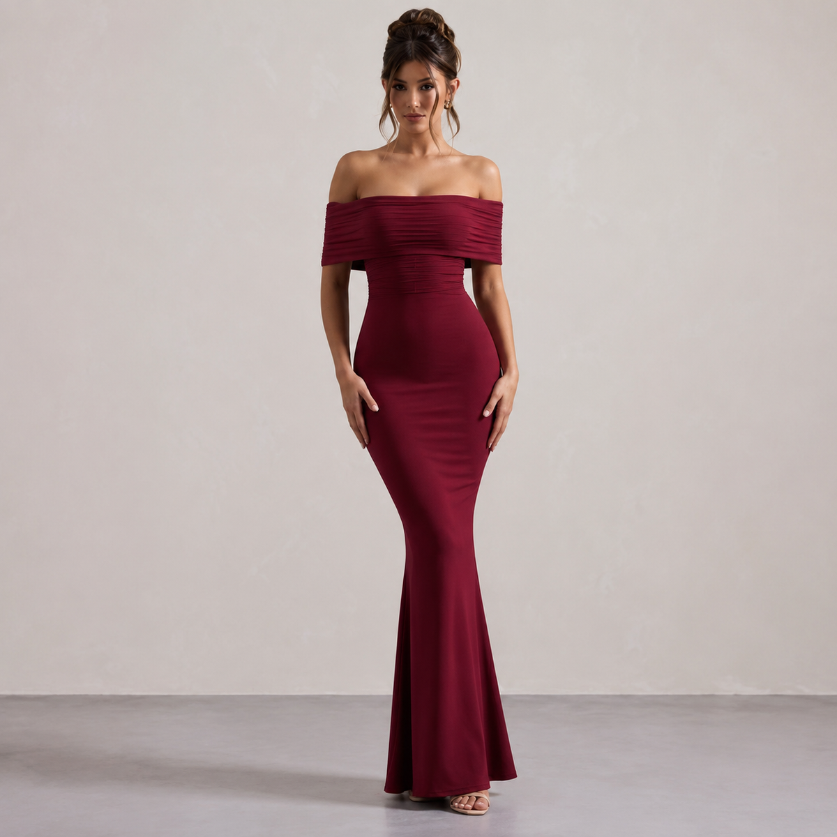 Off Shoulder Pleated Bardot Fishtail Maxi Dress 7