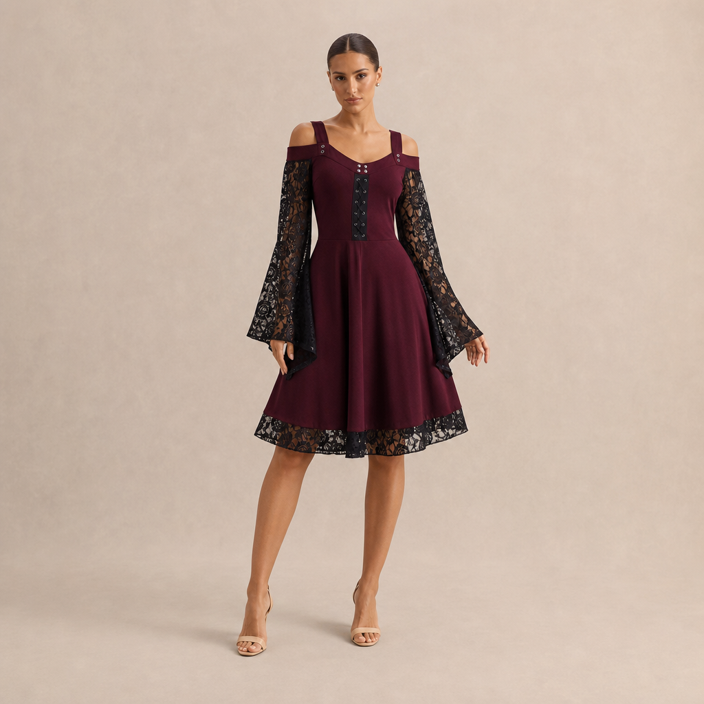 Cold Shoulder Lace Bell Sleeve Lace Up Fit and Flare Dress 4