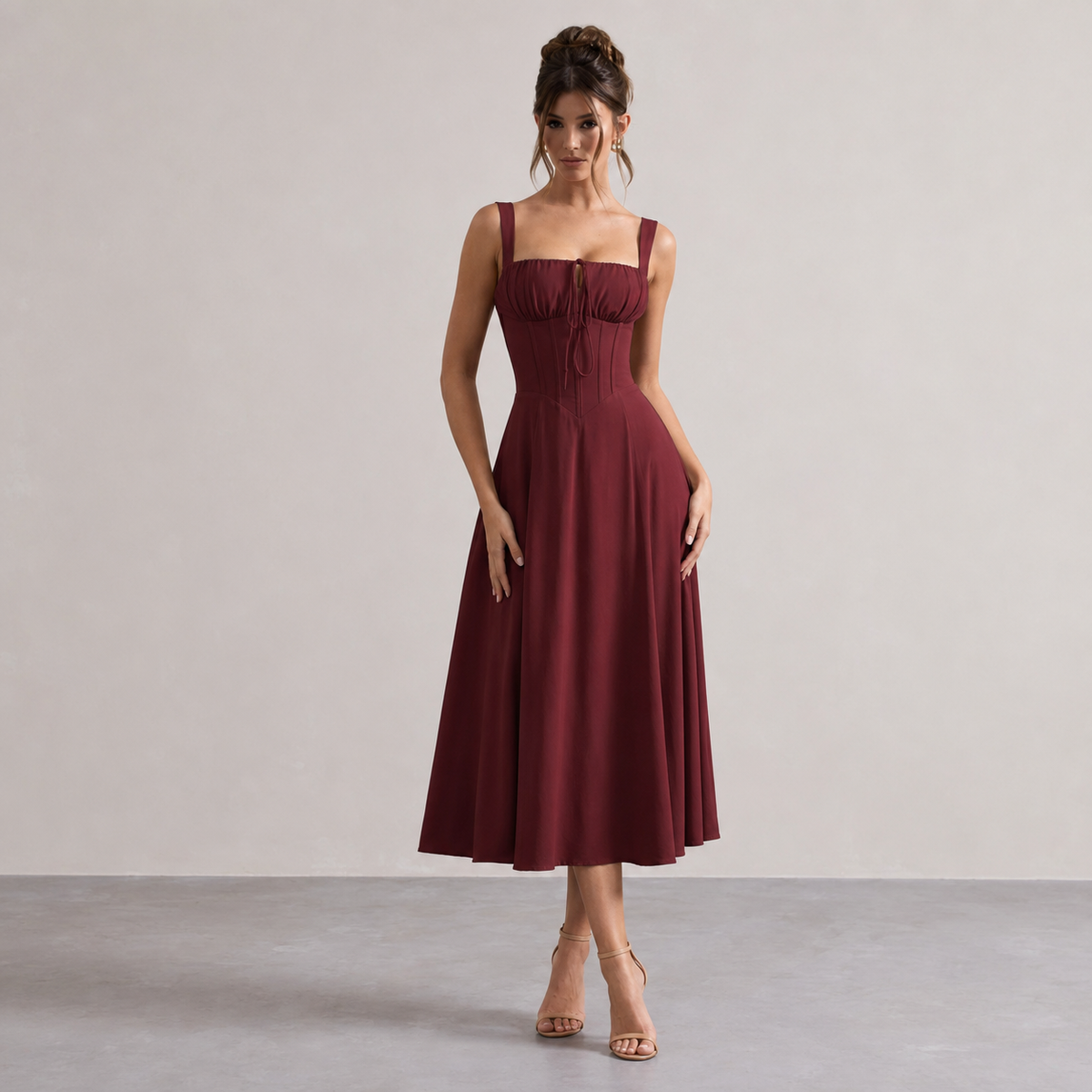 Square Neck Tie Front Corset Fit and Flare Midi Dress 10