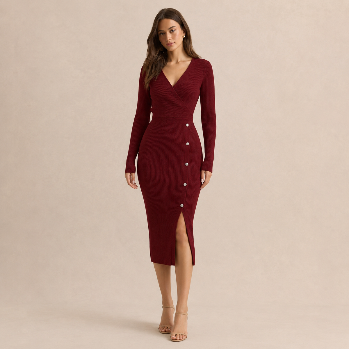 V-Neck Long Sleeve Button Side Ribbed Knit Midi Dress 5