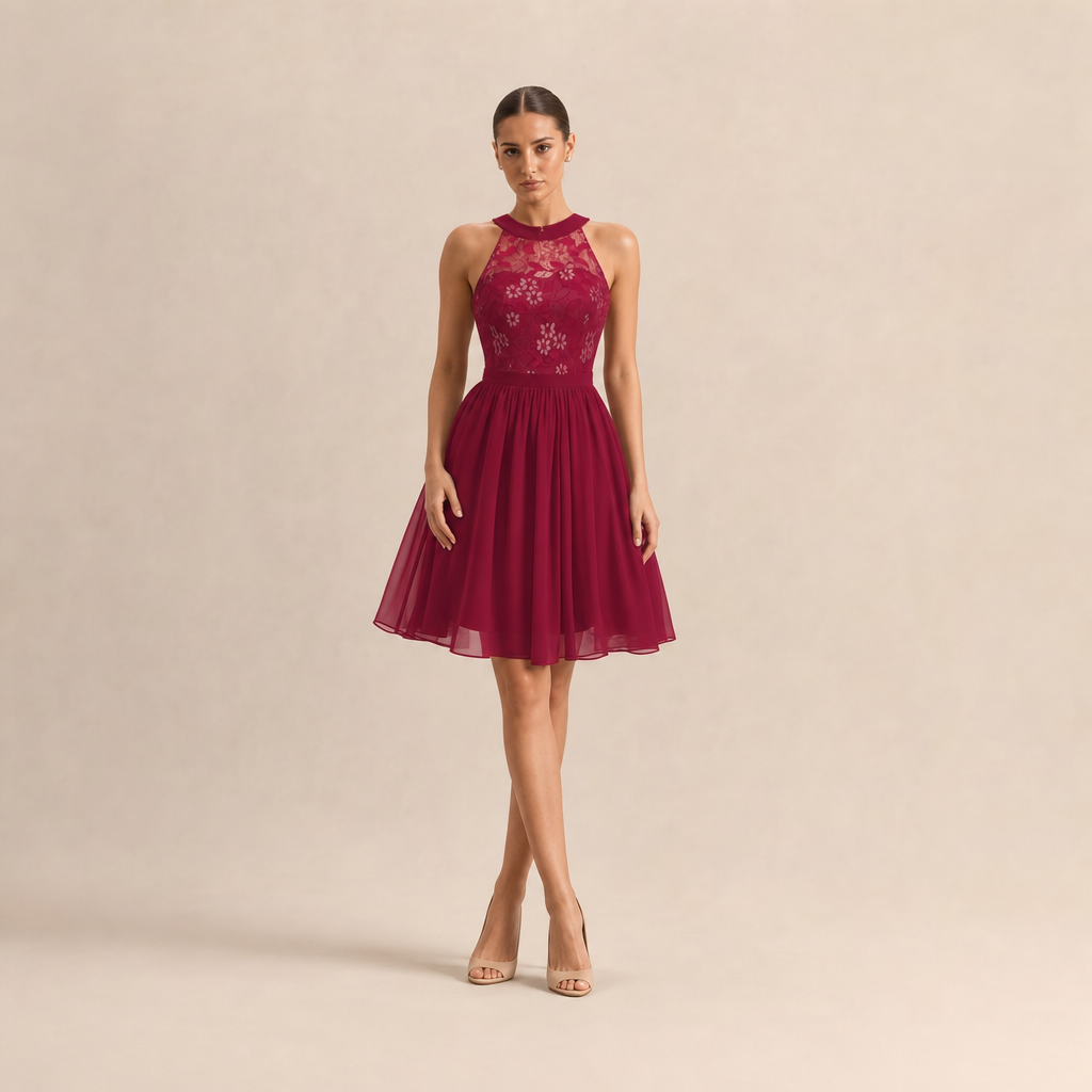 Lace Halter Neck Fit and Flare Midi Dress 4